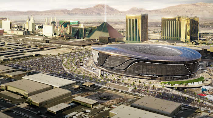 A rendering of the airport-area site for the Raiders’ stadium, close to the Strip.
